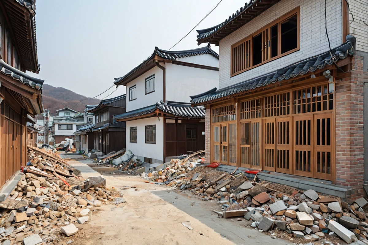 경상남도 양산시 상북면 주거지와 상업지가 혼재된 지역의 2층 주택 외관, 리모델링을 위한 가벽 철거 작업 중인 현장, 철거된 가벽 조각이 철거 현장에 정리된 모습