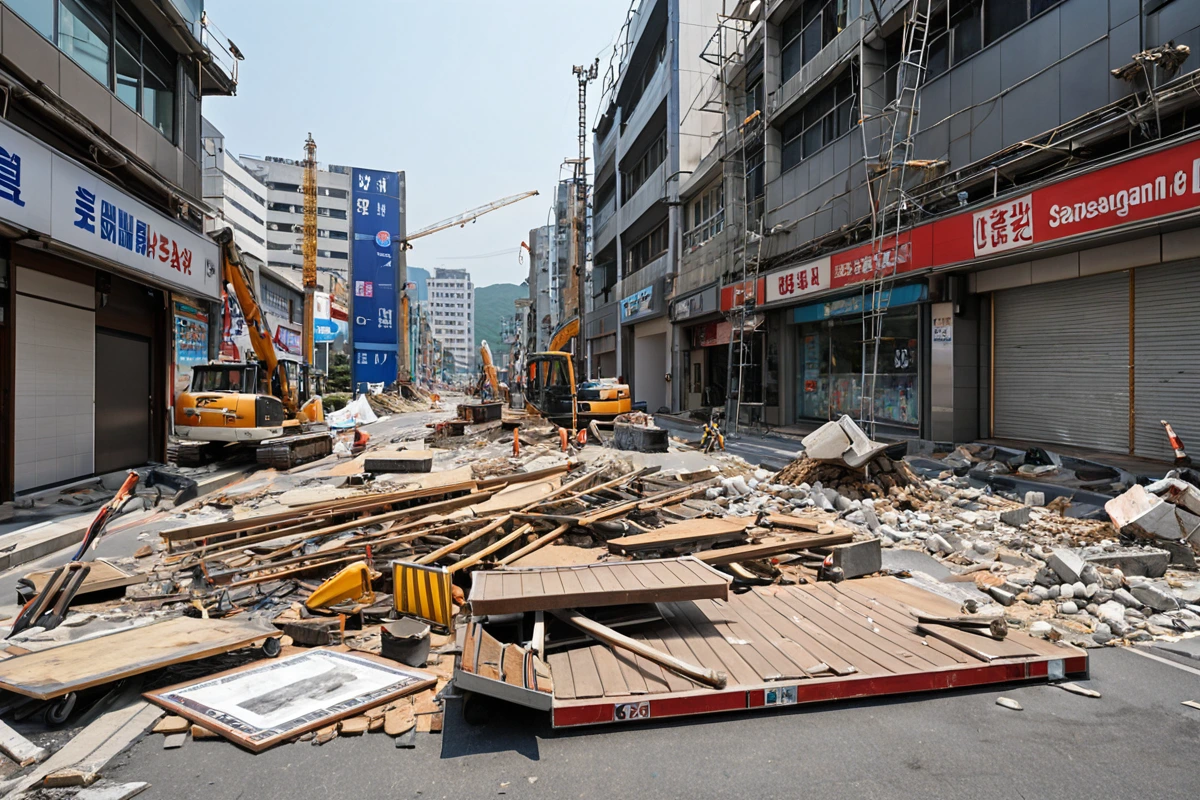 경상남도 양산시 원동면 상가 밀집 지역의 작은 간판과 대형 간판이 각각 철거 중인 현장. 작은 간판은 10만 원에서 30만 원 비용 구조를, 대형 간판은 50만 원 이상 비용 구조