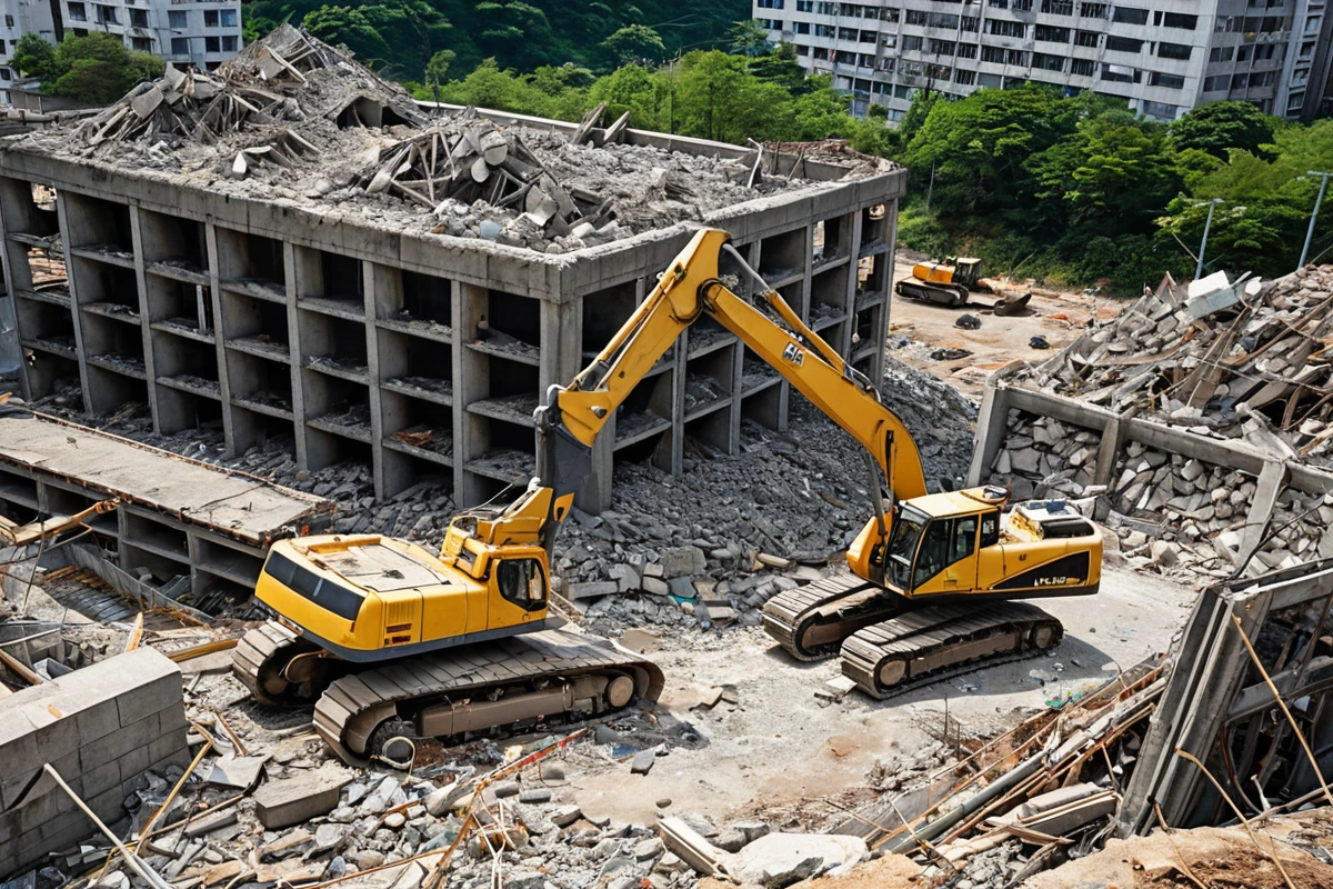 경상남도 양산시 원동면의 건물 부분 철거 현장. 철거 중인 구조물의 세부적 모습과 철거 장비가 정확히 배치된 모습. 철거 규모와 재질에 따라 비용이 달라지는 것을 보여주는 구체적인