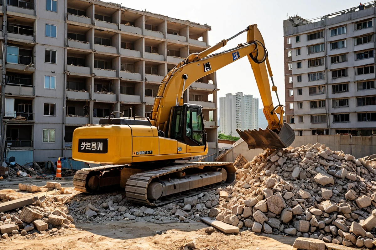 경상남도 양산시 원동면의 한 건물 철거 현장에서 현대식 철거 기계가 철거 작업을 진행하고 있는 모습. 철거된 건물 잔해와 철거 기계의 정교한 구조가 자연스럽게 드러남.