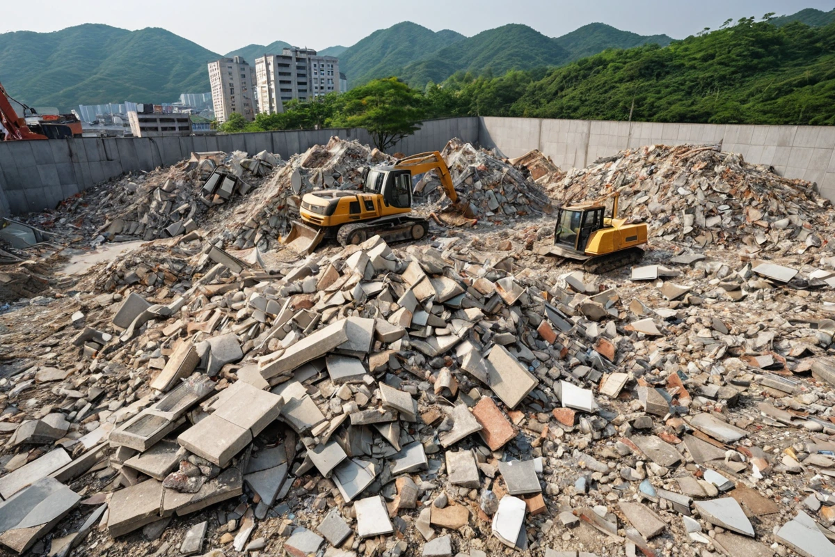 양산시 산막동 지역의 철거 현장에서, 일반적인 칸막이 철거와 타일 철거를 비교하는 표시판 없이, 철거된 칸막이와 타일 조각이 분리된 채로 놓인 모습. 철거된 재료들이 철저히 분류되