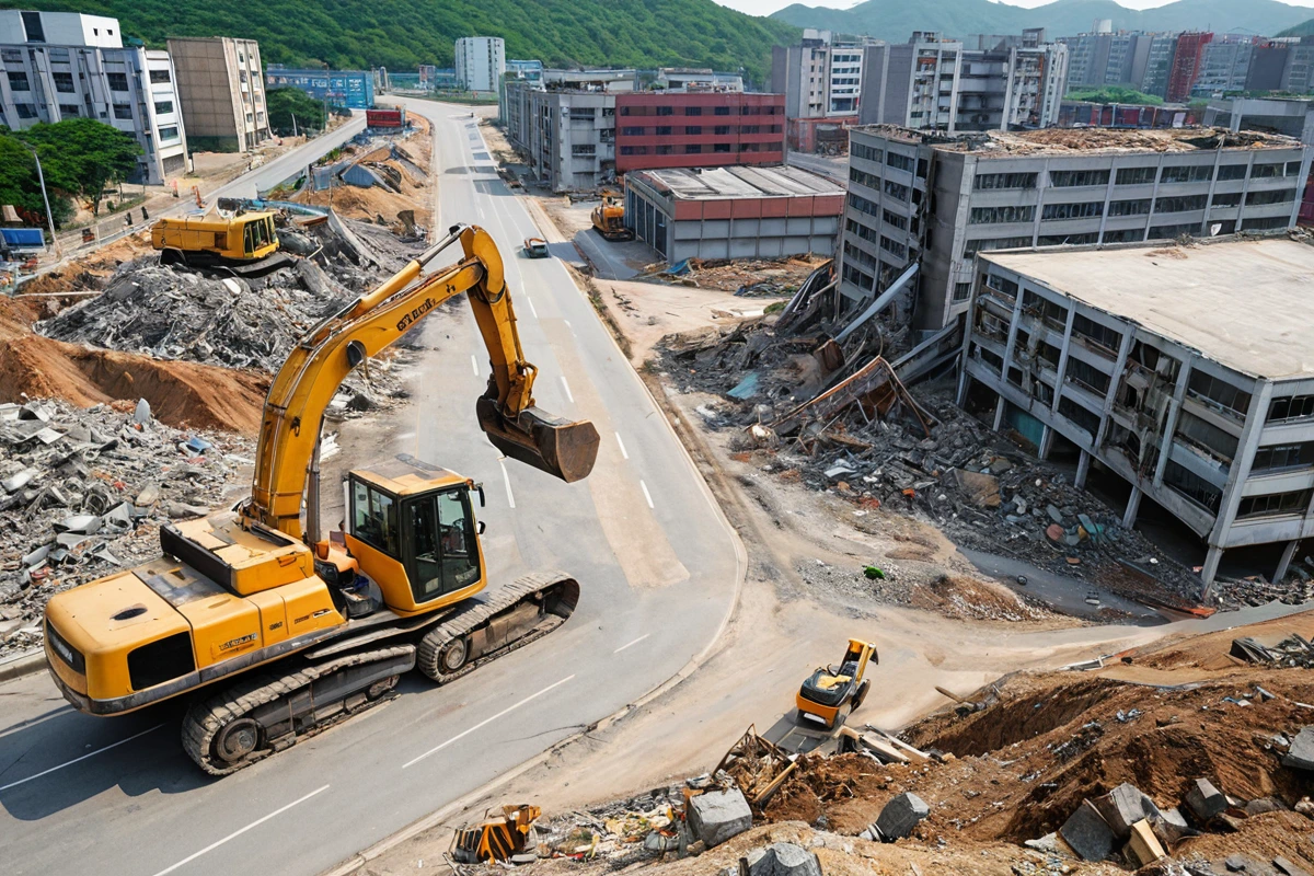 양산시 중앙동 산업 지역의 철거 현장에서 철거 장비가 인프라가 잘 발달한 도로를 따라 이동 중인 모습, 주변 건물과 도로 구조가 명확히 보입니다.