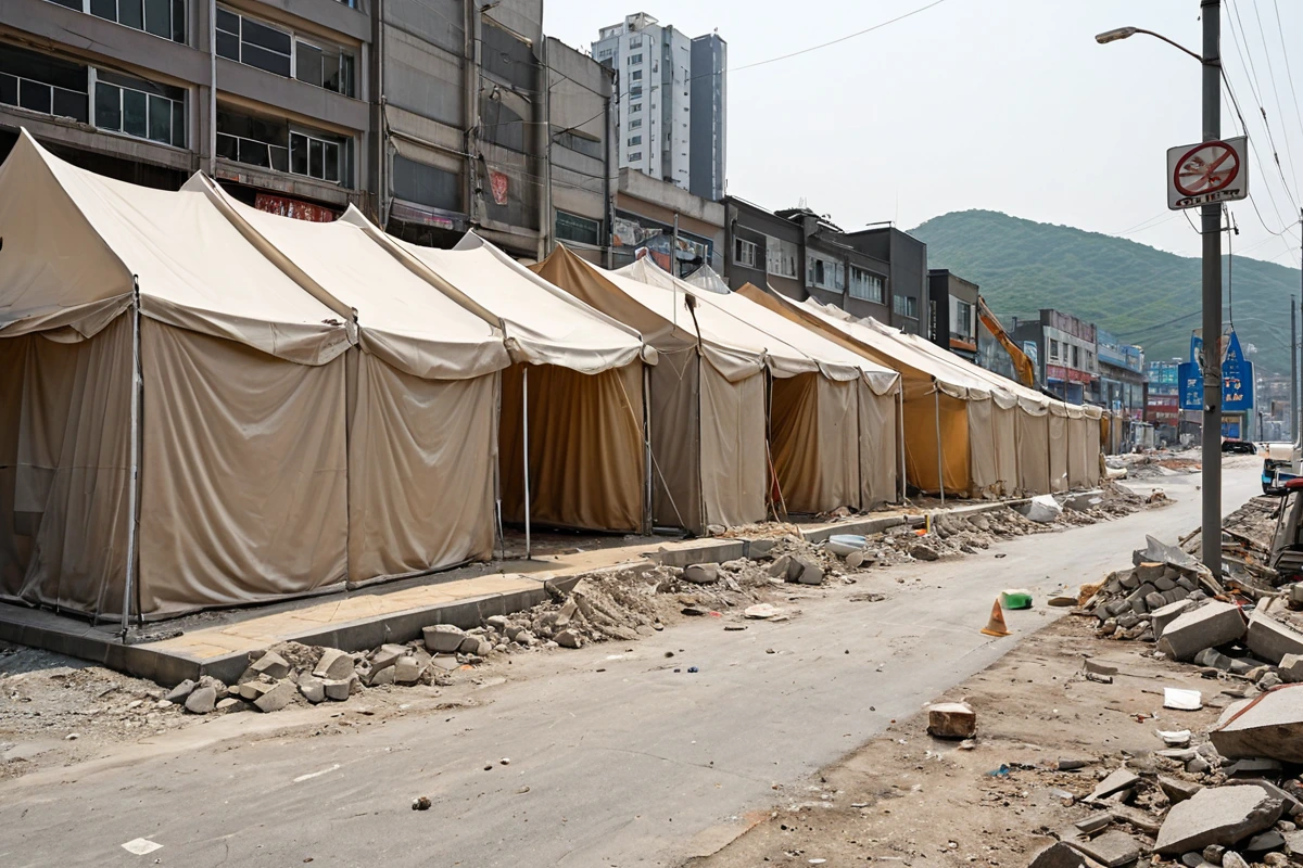 양산시 중앙동 상업지역의 식당 철거 현장, 주변 상가와의 경계선에 먼지 차단용 비닐 천막이 설치된 모습. 철거 작업 중인 건물 외벽에 먼지 차단 장치가 부착된 상태로, 주변 도로
