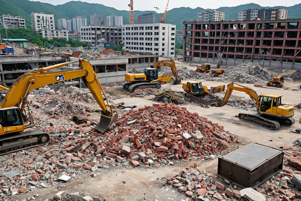 양산시 중앙동 지역의 건물 철거 현장에서 전문가가 구조물의 재활용 가능성을 분석하는 모습. 건물의 일부가 철거된 상태로 재사용 가능한 자재가 정리되어 있는 장면.