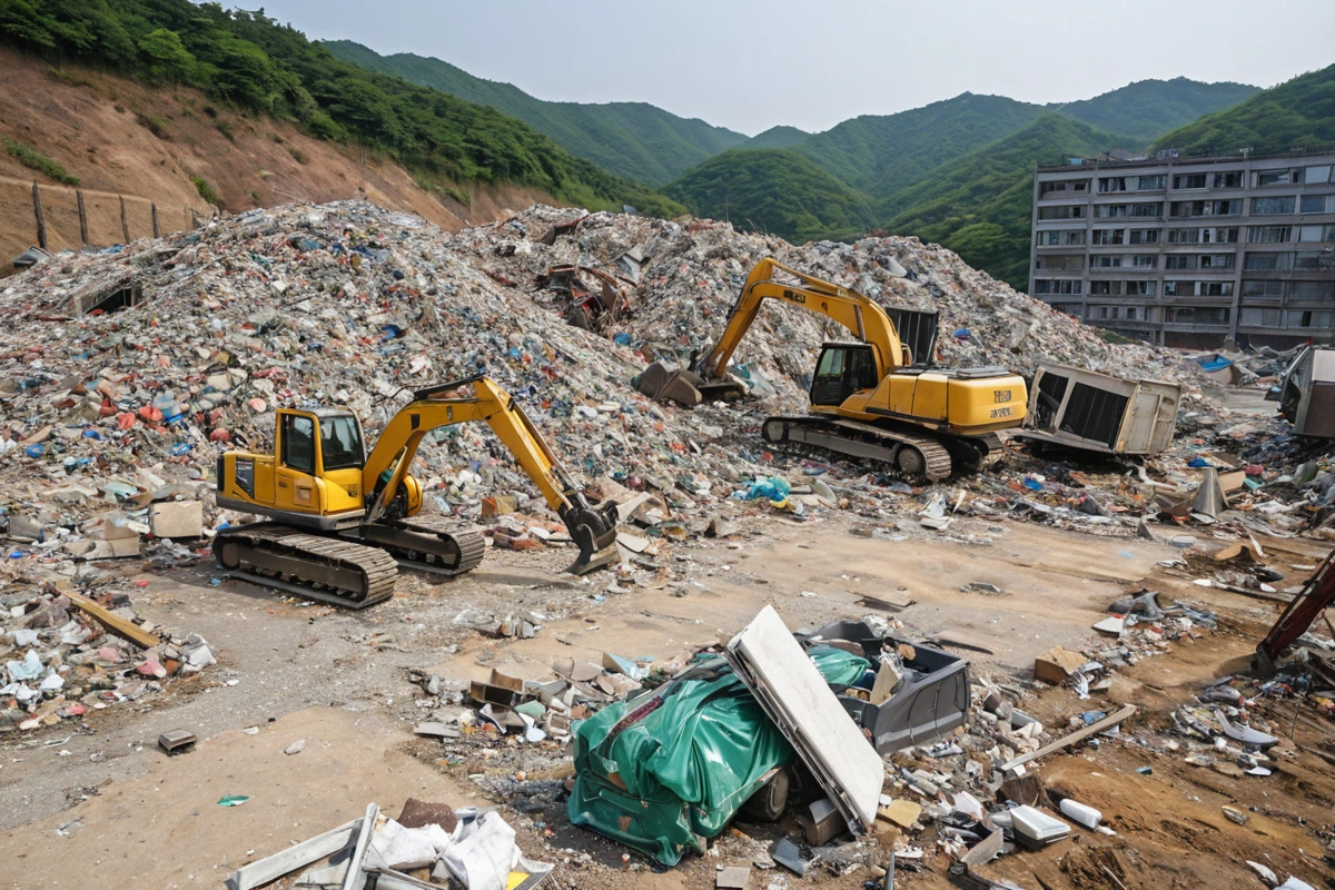 양산시 중앙동 지역의 부분철거 작업 현장에서 철거된 구조물과 재사용 가능한 자재가 정리된 모습. 철거 후 잔여물 처리를 위한 준비가 완료된 공간.
