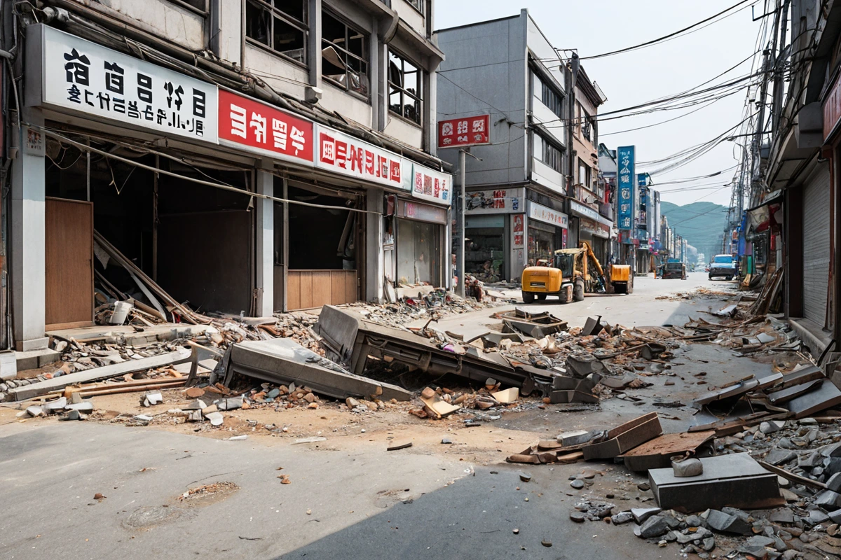 양산시 하북면의 상업가로 구성된 거리에서 수동 철거 도구가 놓인 철거 현장. 철거 중인 간판의 일부가 떨어져 나간 상태로, 철거 방법 선택의 중요성을 보여주는 사실적인 장면.