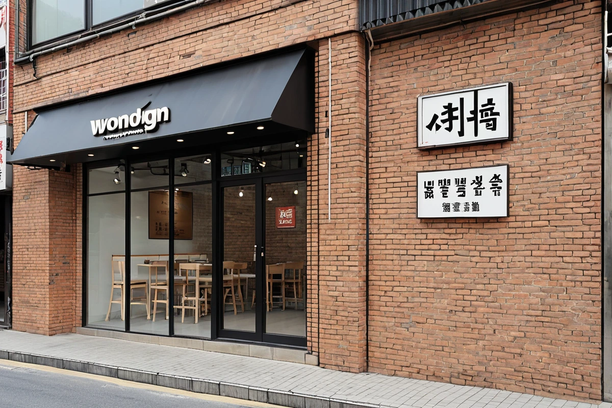 원동면 상가에서 간판 철거 후 새로운 간판 설치된 식당 외관. 철거된 간판 자국이 남은 벽면과 새롭게 설치된 간판의 대비를 보여주는 사진. 매출 증가 사례를 상징하는 현대적인 간판
