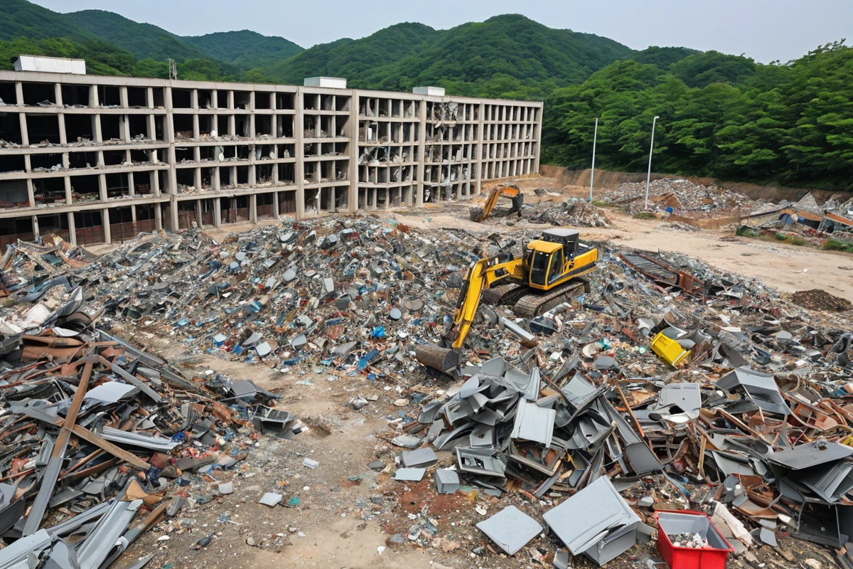 중앙동 학원 철거 현장에서 재활용 가능한 구조물 재료가 정리된 장면, 철거된 건물의 잔해와 재활용 가능한 금속 부품이 잘 정리되어 있는 모습