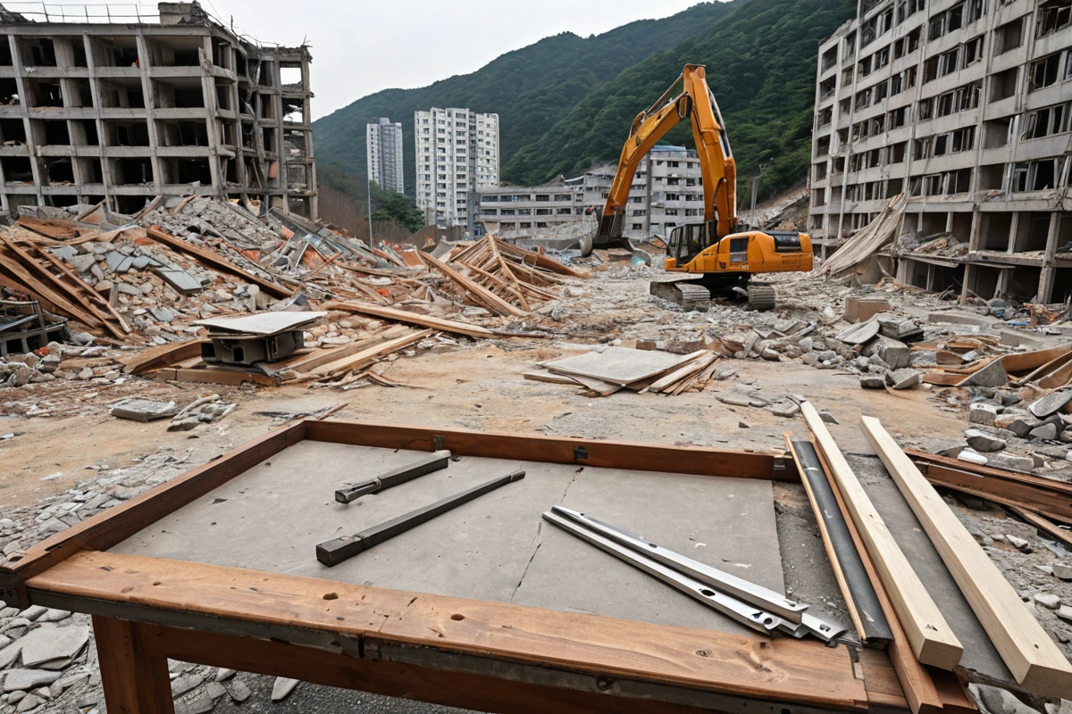 평산동 주택 철거 현장에서 구조물 상태를 확인하는 도구와 철거 계획서가 놓인 테이블, 철거 작업을 위한 현장 조사 장면