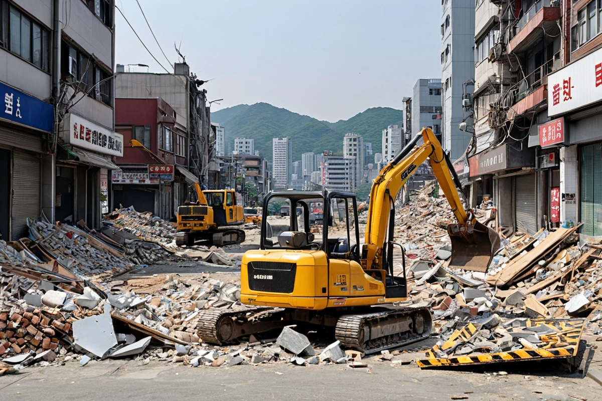 호계동 상가 거리에서 작은 규모의 간판이 철거 중인 장면. 간판의 재질은 알루미늄으로 보이며, 철거 장비가 철저히 정리되어 있는 철거 현장. 배경에는 양산시의 전경이 보이고, 간판