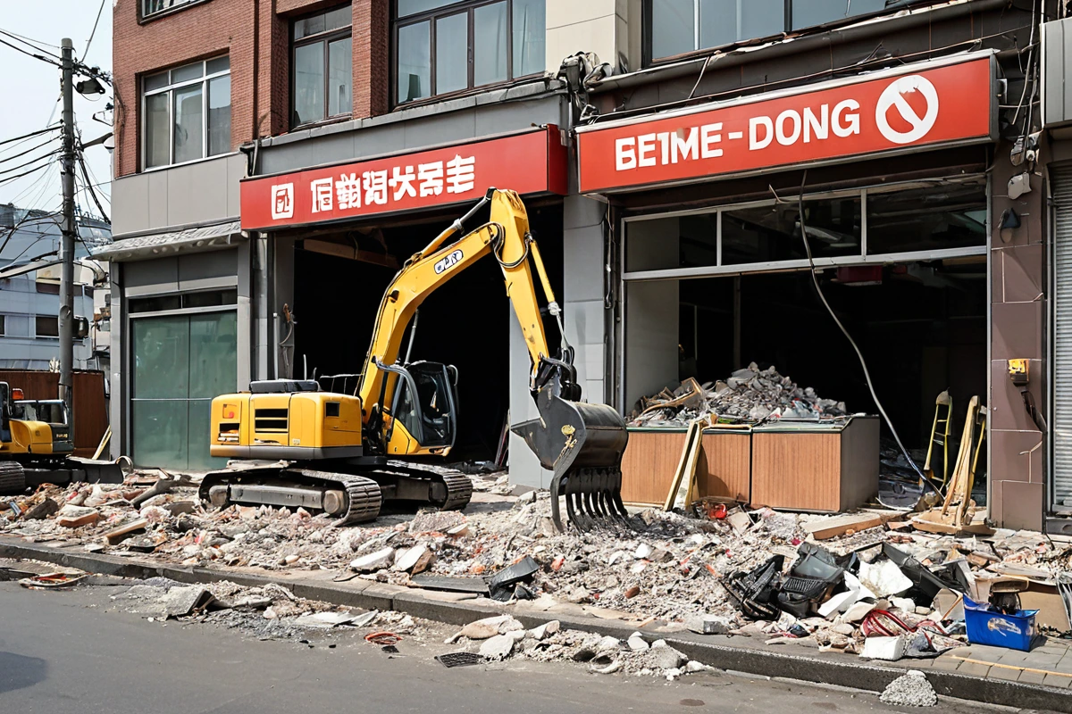호계동의 한 식당 점포 철거 현장, 철거 중인 건물 외벽과 철거 장비가 정리된 공간, 폐기물 분리 처리를 위한 재활용 자재 용기가 배치된 모습